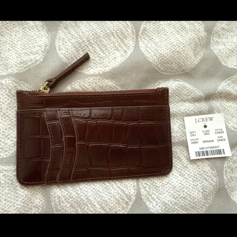 NWT J Crew Faux Croc Leather Card Zip Wallet Brown